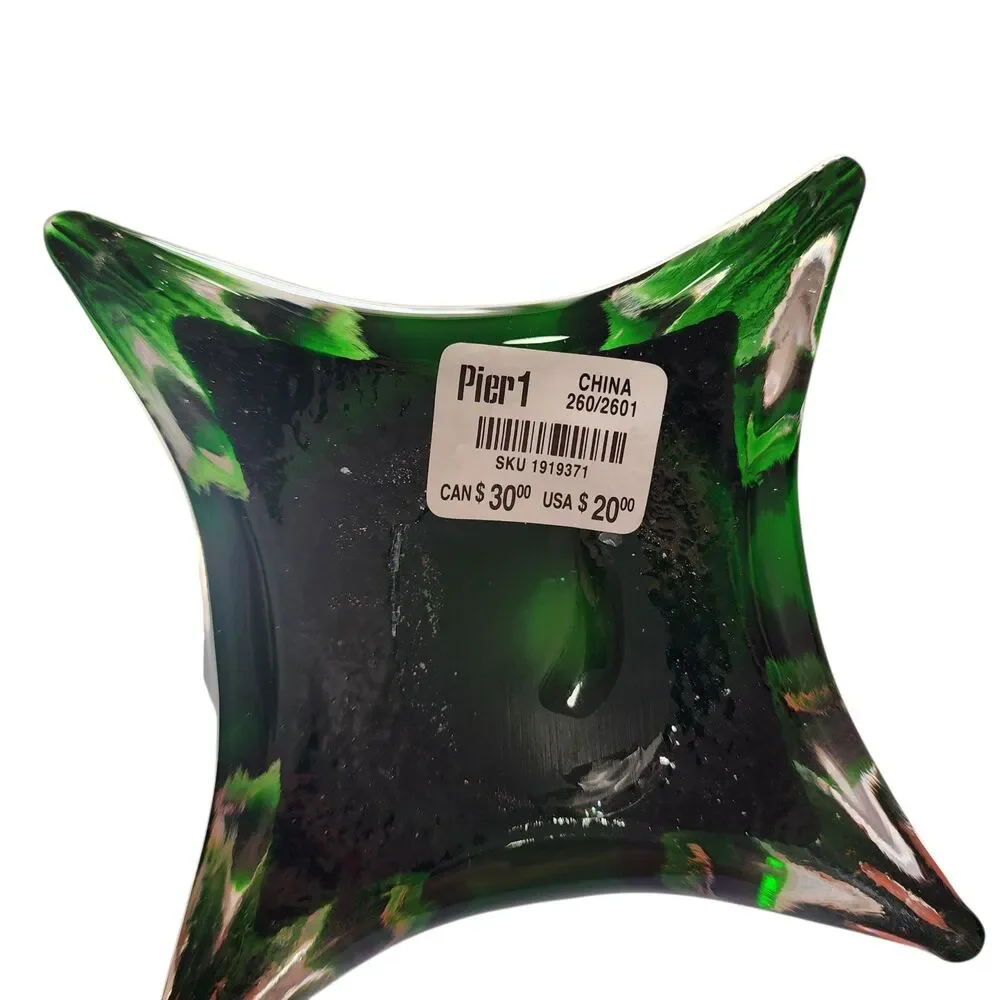 Pier 1 Hand Blown Art Glass Vase Red Green Amber Ruffled‎ Fluted MCM Decor